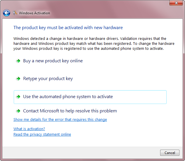 The product key must be activated with new hardware
