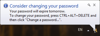 Consider changing your password: Your password will expire tomorrow.